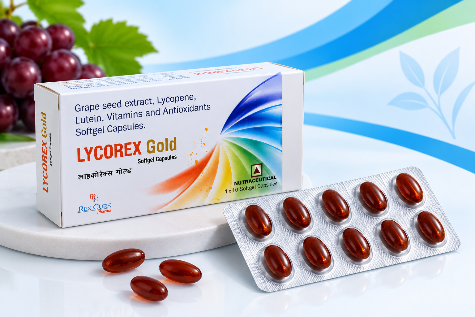 LYCOREX Gold - Lycopene, Lutein, Grape Seed Extract with Multivitamins LYCOREX Gold (Lycopene, Lutein, Grape Seed Extract with Multivitamins) - Nutraceutical pharmaceutical packaging by RexCure Pharma