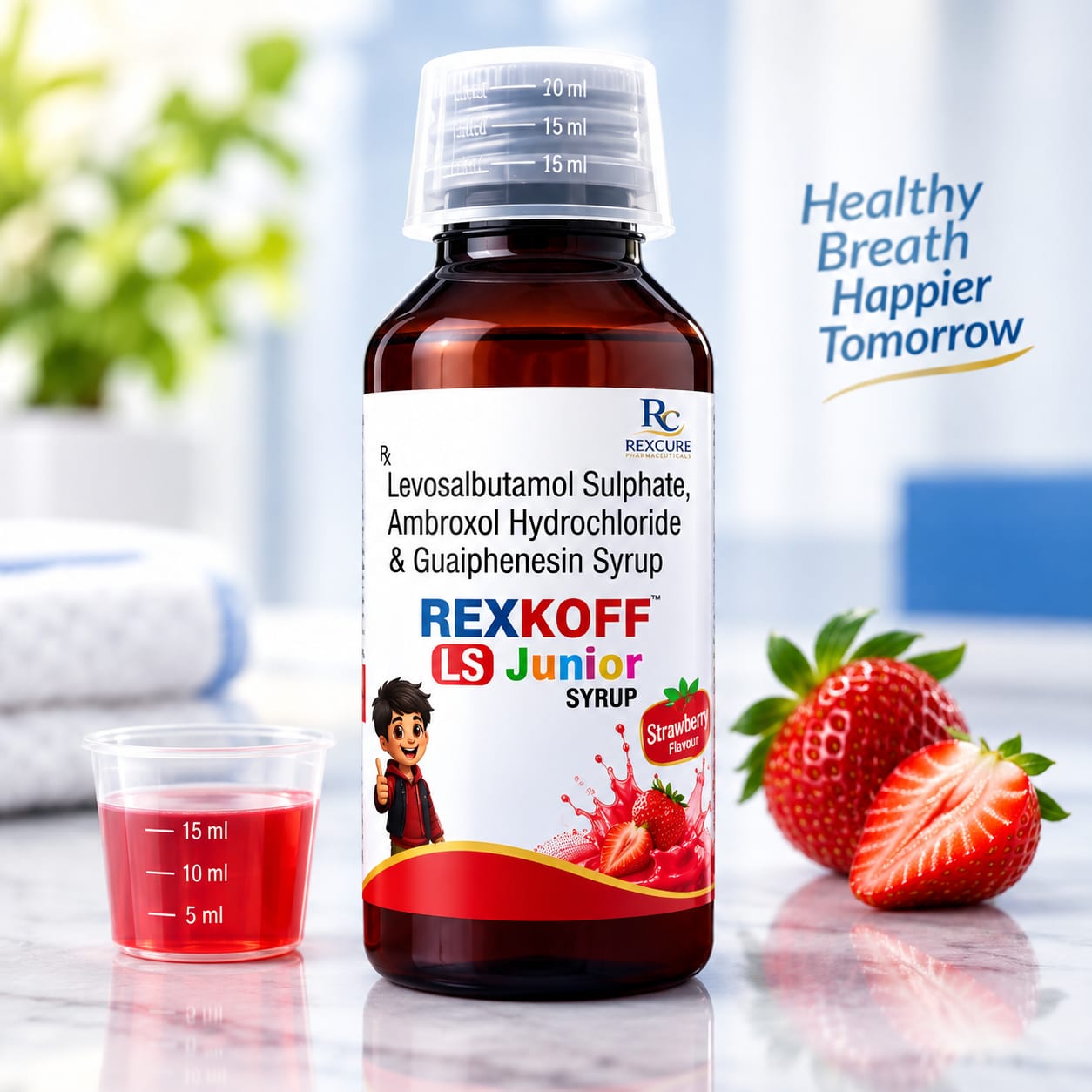 REXKOFF LS Junior - Levosalbutamol Sulphate, Ambroxol Hydrochloride & Guaiphenesin Syrup REXKOFF LS Junior (Levosalbutamol Sulphate, Ambroxol Hydrochloride & Guaiphenesin Syrup) - Allergy Care pharmaceutical packaging by RexCure Pharma