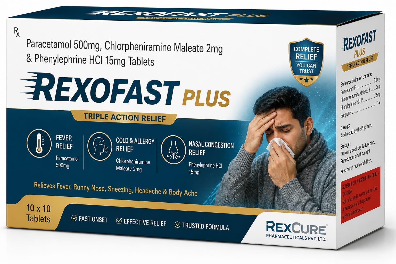 REXOFAST PLUS - Paracetamol, Chlorpheniramine Maleate & Phenylephrine HCl Tablets REXOFAST PLUS (Paracetamol, Chlorpheniramine Maleate & Phenylephrine HCl Tablets) - Allergy Care pharmaceutical packaging by RexCure Pharma
