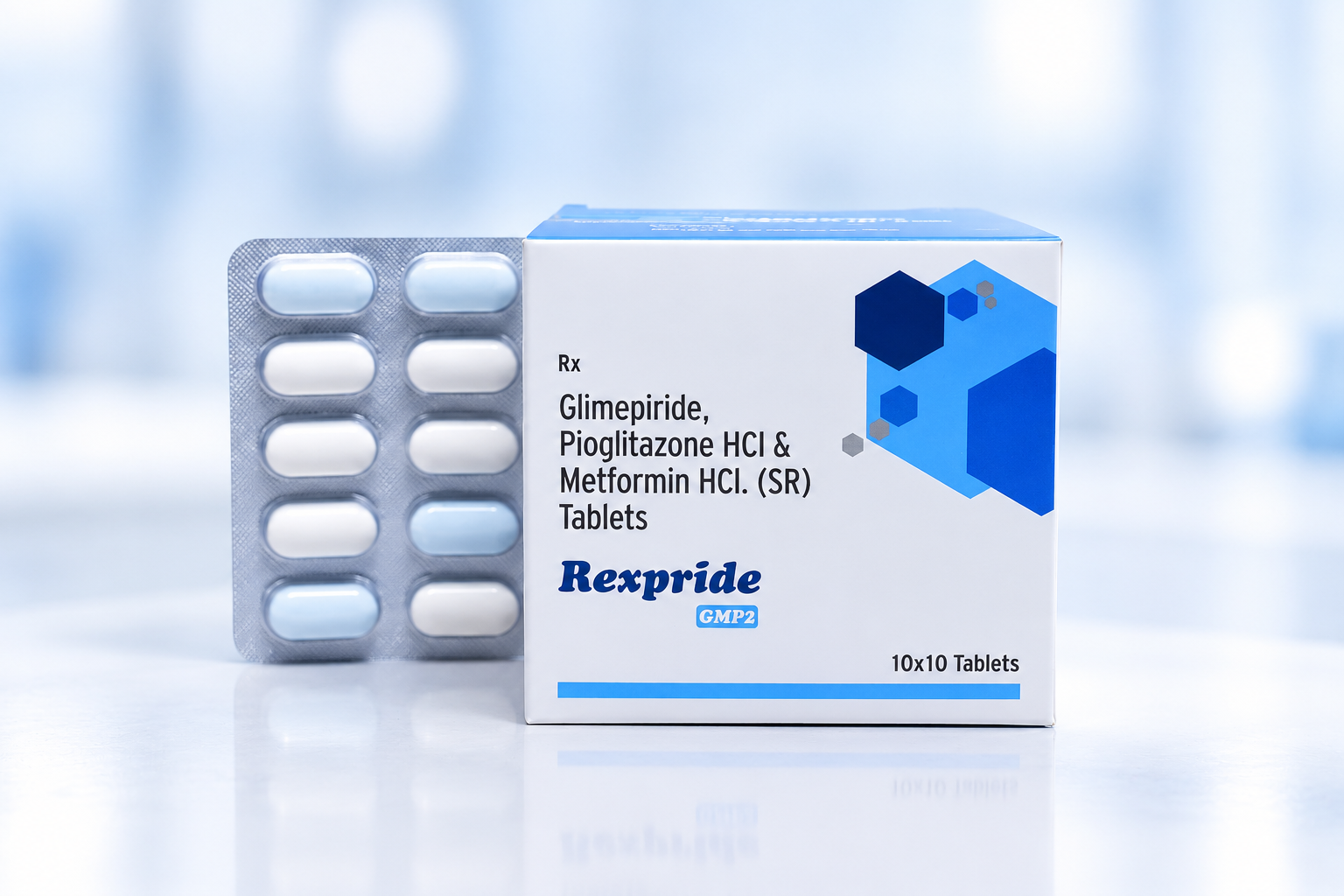 REXPRIDE GMP2 - Glimepiride, Pioglitazone & Metformin HCl (SR) Tablets REXPRIDE GMP2 (Glimepiride, Pioglitazone & Metformin HCl (SR) Tablets) - Anti-diabetic pharmaceutical packaging by RexCure Pharma