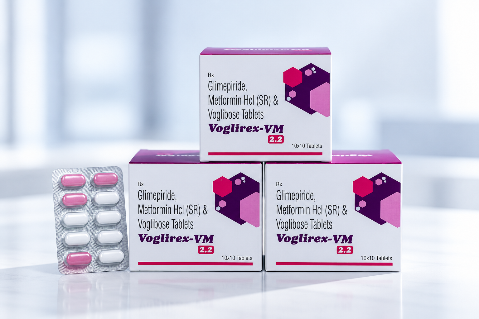 VOGLIREX-VM 2.2 - Glimepiride, Metformin HCl (SR) & Voglibose Tablets VOGLIREX-VM 2.2 (Glimepiride, Metformin HCl (SR) & Voglibose Tablets) - Anti-diabetic pharmaceutical packaging by RexCure Pharma